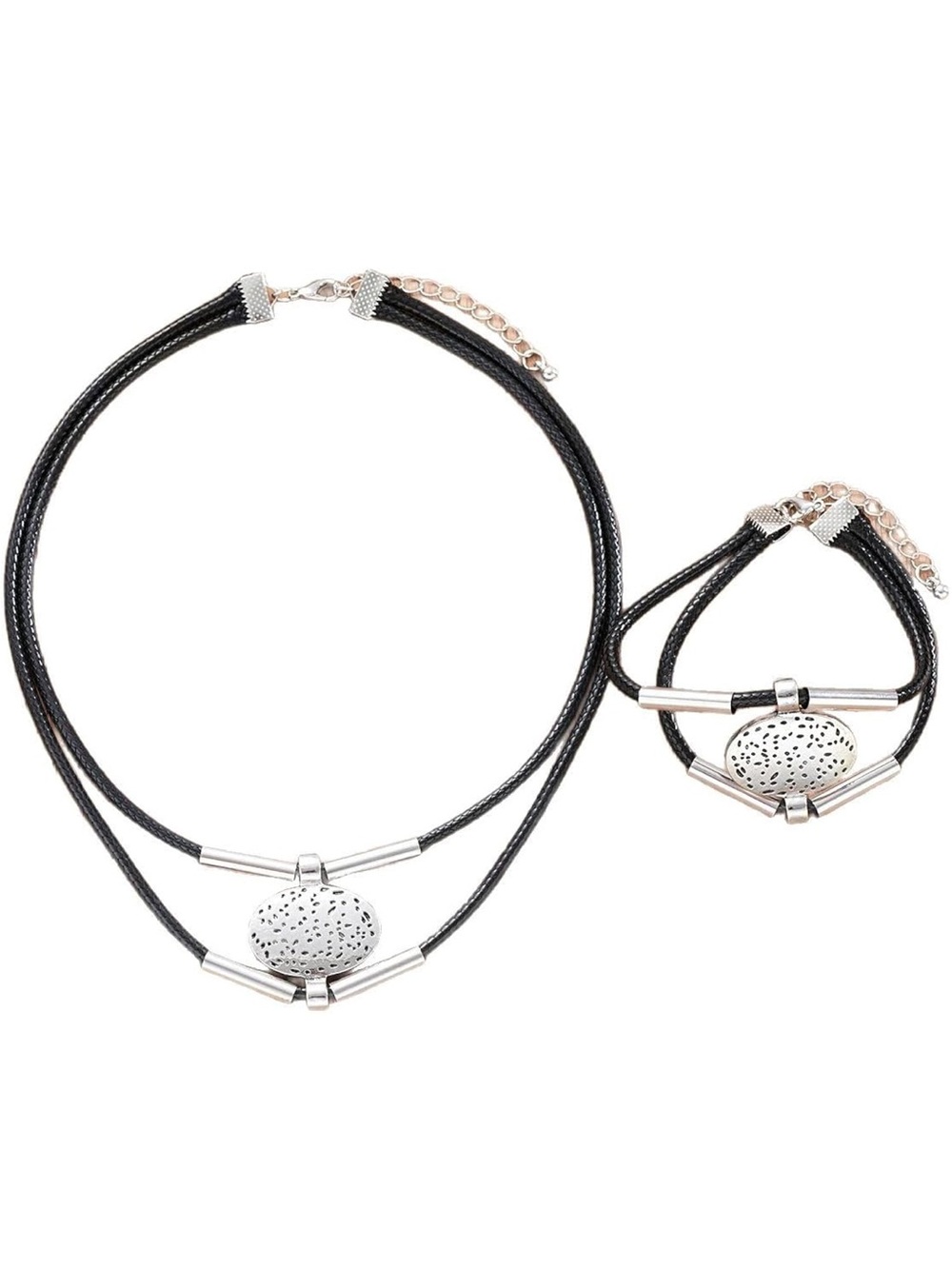 Anthropologie Black Cord Double-Layer Necklace with Silver Discs - Picture 5 of 7